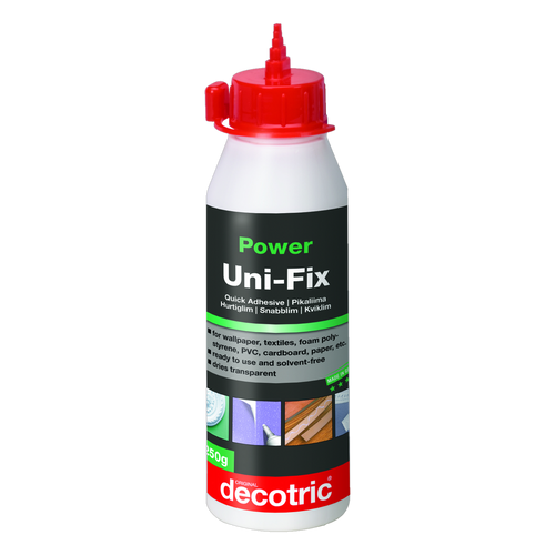 Decotric Uni-Fix solvent free quick adhesive, 250g bottle of universal repair glue