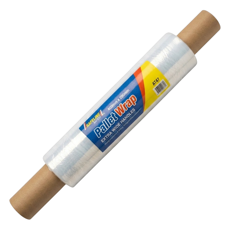 Safeline pallet wrap, 400mm wide roll of clear stretch film on a cardboard core with extended handles
